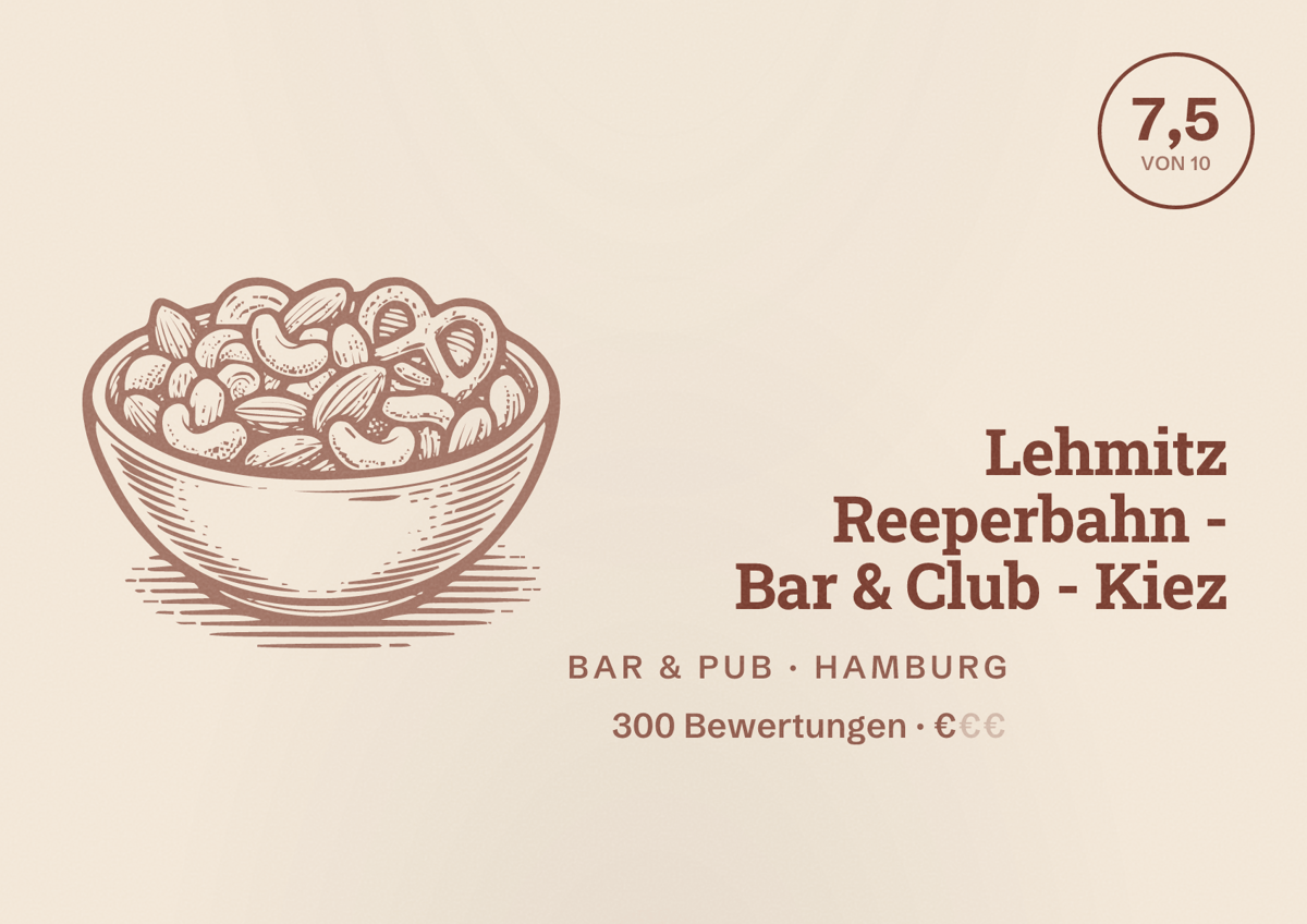 Illustriertes Poster von Lehmitz Reeperbahn - Bar & Club - Kiez, Bar & Pub in Hamburg: Bewertung 7,5 von 10 aus 300 Bewertungen, Preisniveau €