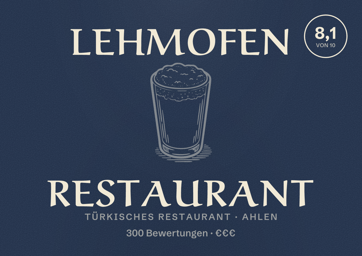 Illustriertes Poster von Lehmofen Restaurant, Türkisches Restaurant in Ahlen: Bewertung 8,1 von 10 aus 300 Bewertungen, Preisniveau €€€
