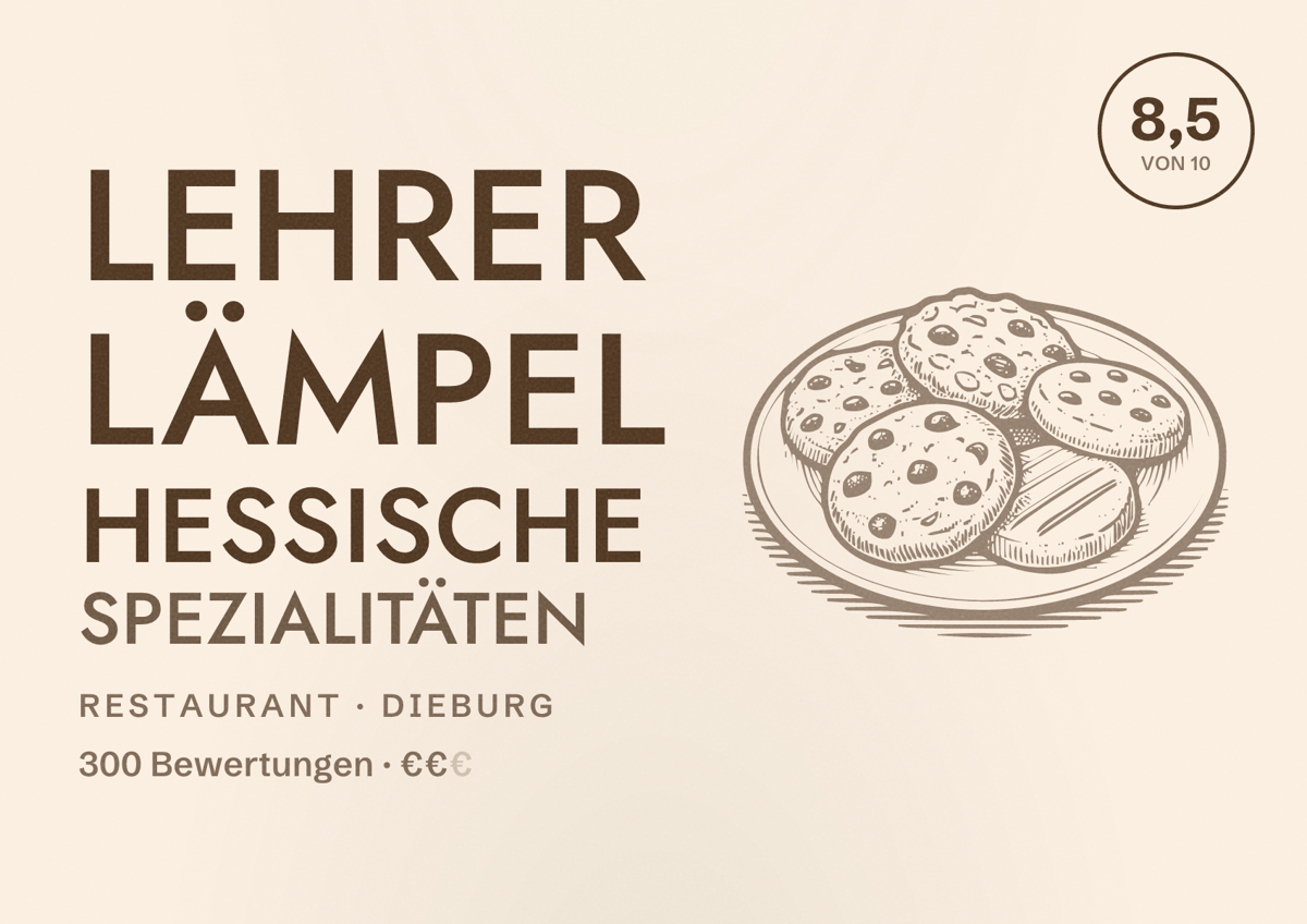 Illustriertes Poster von Lehrer Lämpel hessische Spezialitäten, Restaurant in Dieburg: Bewertung 8,5 von 10 aus 300 Bewertungen, Preisniveau €€