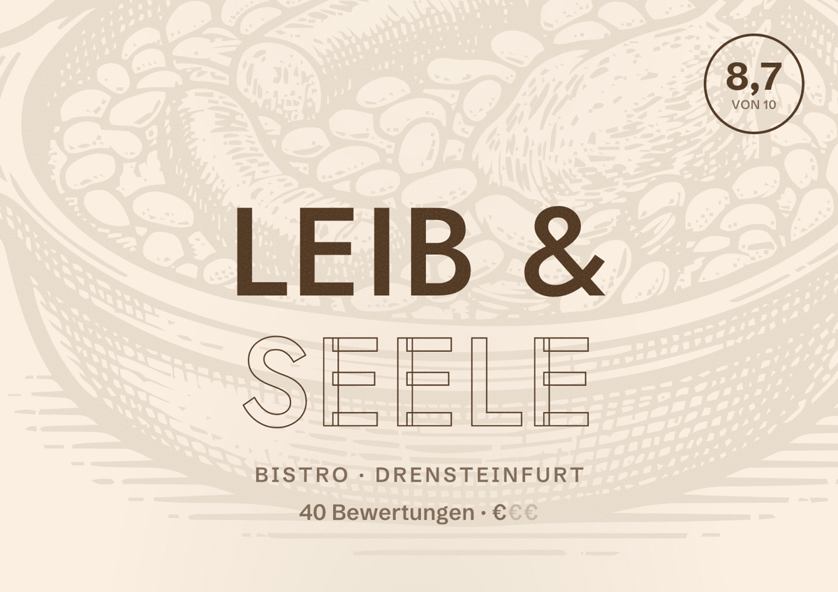 Illustriertes Poster von Leib & Seele, Bistro in Drensteinfurt: Bewertung 8,7 von 10 aus 40 Bewertungen, Preisniveau €