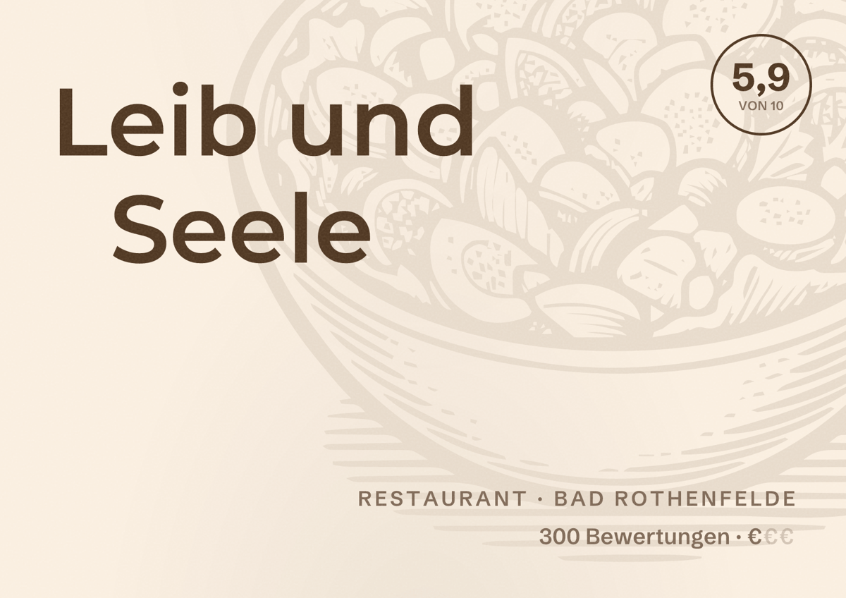 Illustriertes Poster von Leib und Seele, Restaurant in Bad Rothenfelde: Bewertung 5,9 von 10 aus 300 Bewertungen, Preisniveau €