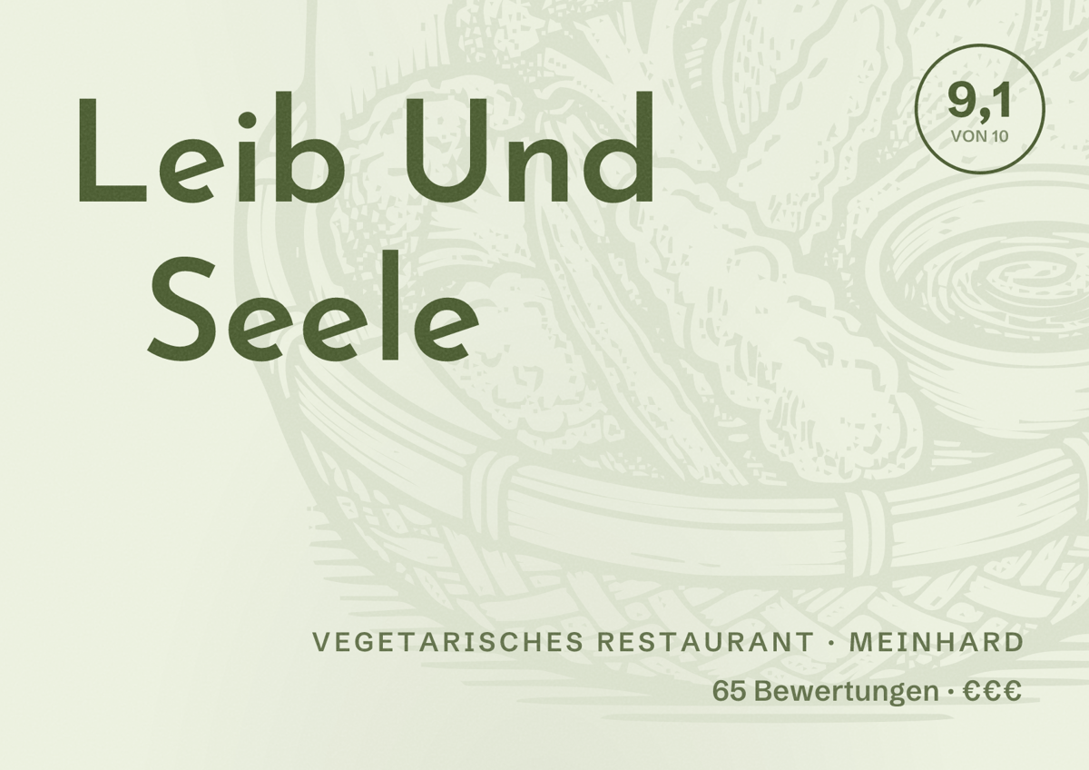 Illustriertes Poster von Leib Und Seele, Vegetarisches Restaurant in Meinhard: Bewertung 9,1 von 10 aus 65 Bewertungen, Preisniveau €€€