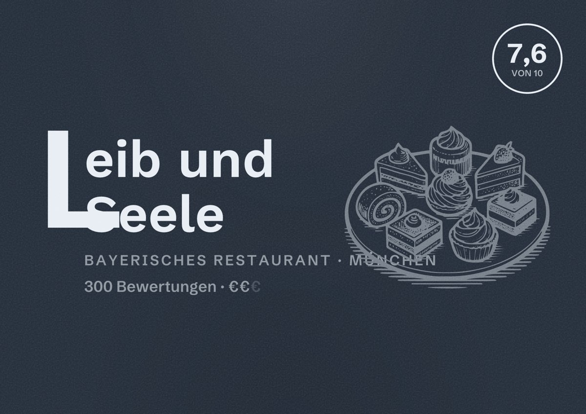 Illustriertes Poster von Leib und Seele, Bayerisches Restaurant in München: Bewertung 7,6 von 10 aus 300 Bewertungen, Preisniveau €€