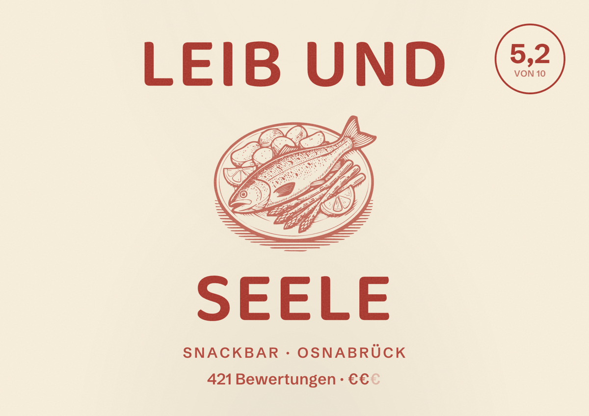 Illustriertes Poster von Leib und Seele, Snackbar in Osnabrück: Bewertung 5,2 von 10 aus 421 Bewertungen, Preisniveau €€
