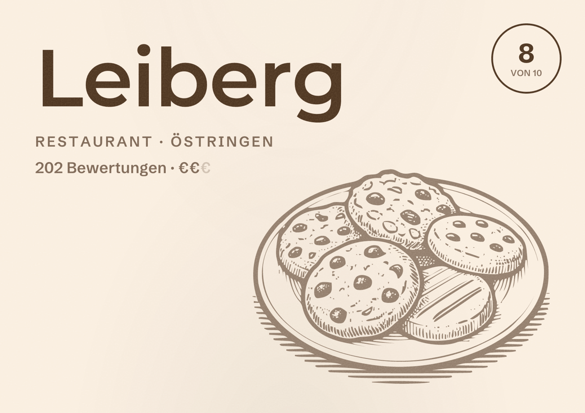Illustriertes Poster von Leiberg, Restaurant in Östringen: Bewertung 8 von 10 aus 202 Bewertungen, Preisniveau €€