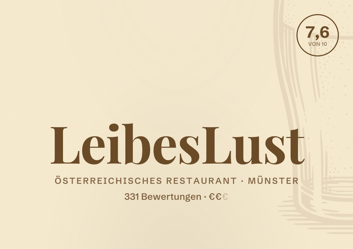 Illustriertes Poster von LeibesLust, Österreichisches Restaurant in Münster: Bewertung 7,6 von 10 aus 331 Bewertungen, Preisniveau €€