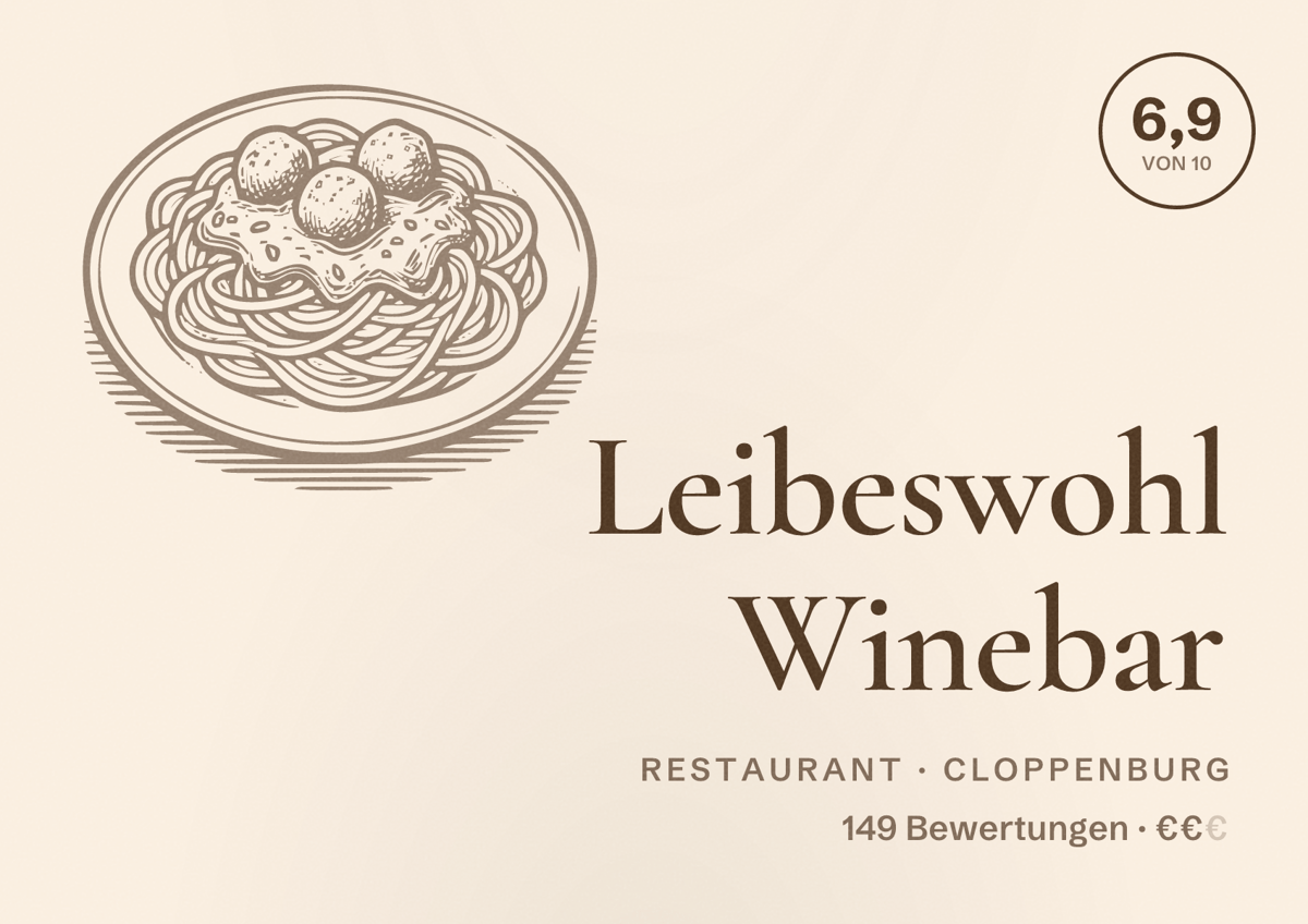 Illustriertes Poster von Leibeswohl Winebar, Restaurant in Cloppenburg: Bewertung 6,9 von 10 aus 149 Bewertungen, Preisniveau €€