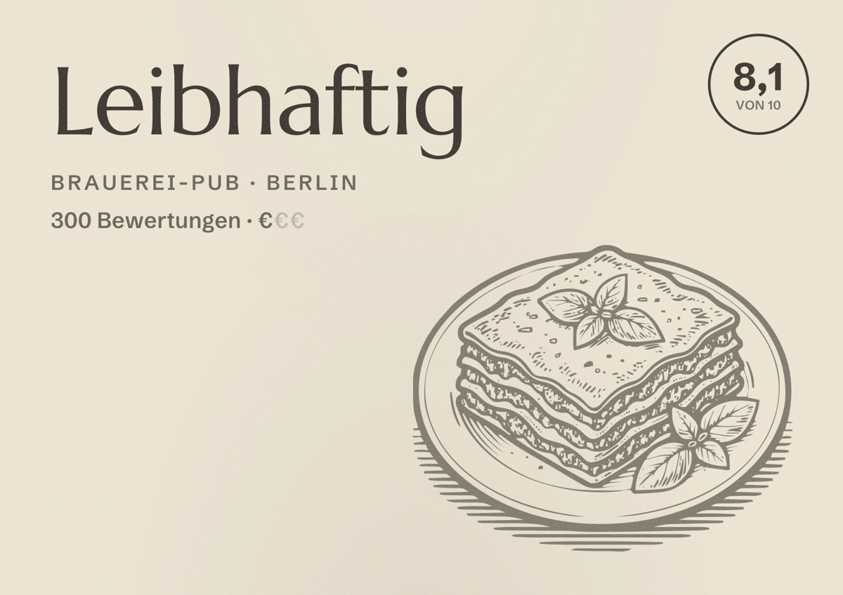 Illustriertes Poster von Leibhaftig, Brauerei-Pub in Berlin: Bewertung 8,1 von 10 aus 300 Bewertungen, Preisniveau €