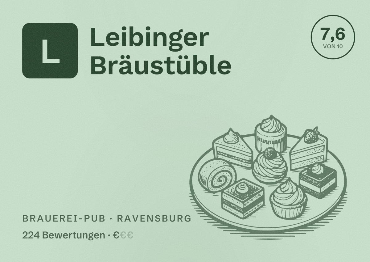 Illustriertes Poster von Leibinger Bräustüble, Brauerei-Pub in Ravensburg: Bewertung 7,6 von 10 aus 224 Bewertungen, Preisniveau €
