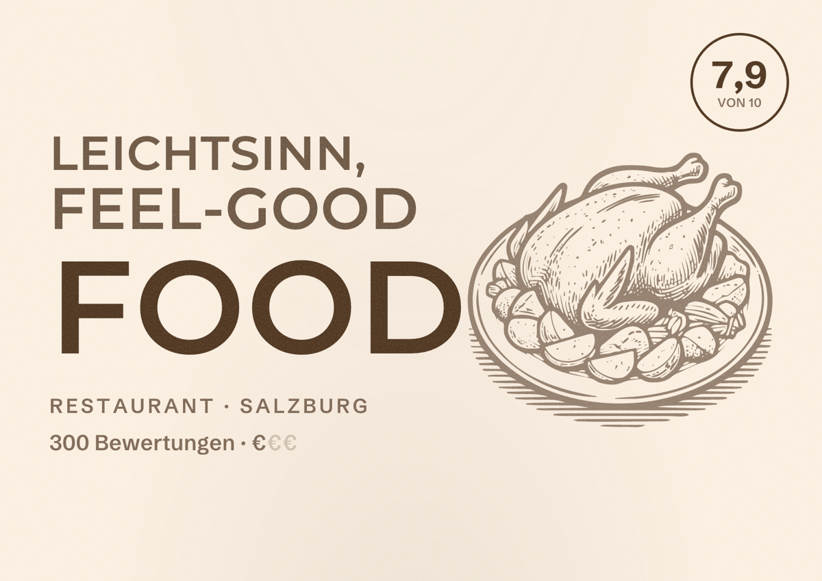 Illustriertes Poster von Leichtsinn, feel-good food, Restaurant in Salzburg: Bewertung 7,9 von 10 aus 300 Bewertungen, Preisniveau €