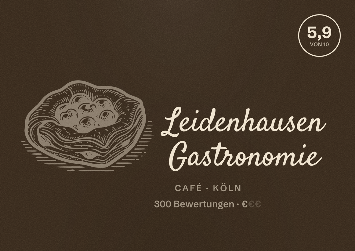 Illustriertes Poster von Leidenhausen Gastronomie, Café in Köln: Bewertung 5,9 von 10 aus 300 Bewertungen, Preisniveau €