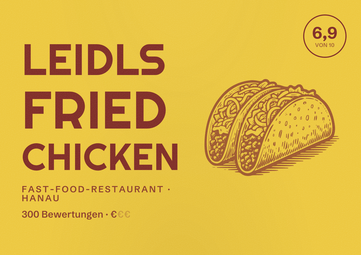 Illustriertes Poster von Leidls Fried Chicken, Fast-Food-Restaurant in Hanau: Bewertung 6,9 von 10 aus 300 Bewertungen, Preisniveau €