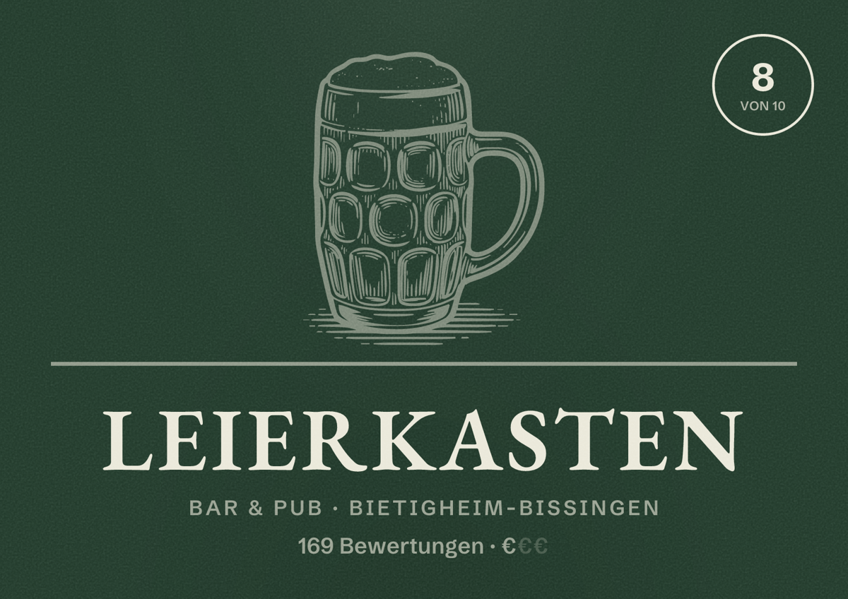 Illustriertes Poster von Leierkasten, Bar & Pub in Bietigheim-Bissingen: Bewertung 8 von 10 aus 169 Bewertungen, Preisniveau €