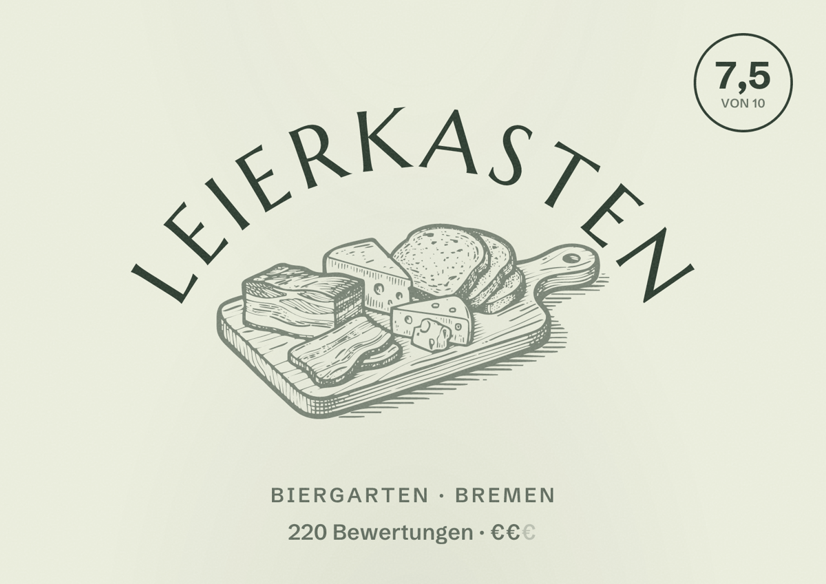 Illustriertes Poster von Leierkasten, Biergarten in Bremen: Bewertung 7,5 von 10 aus 220 Bewertungen, Preisniveau €€