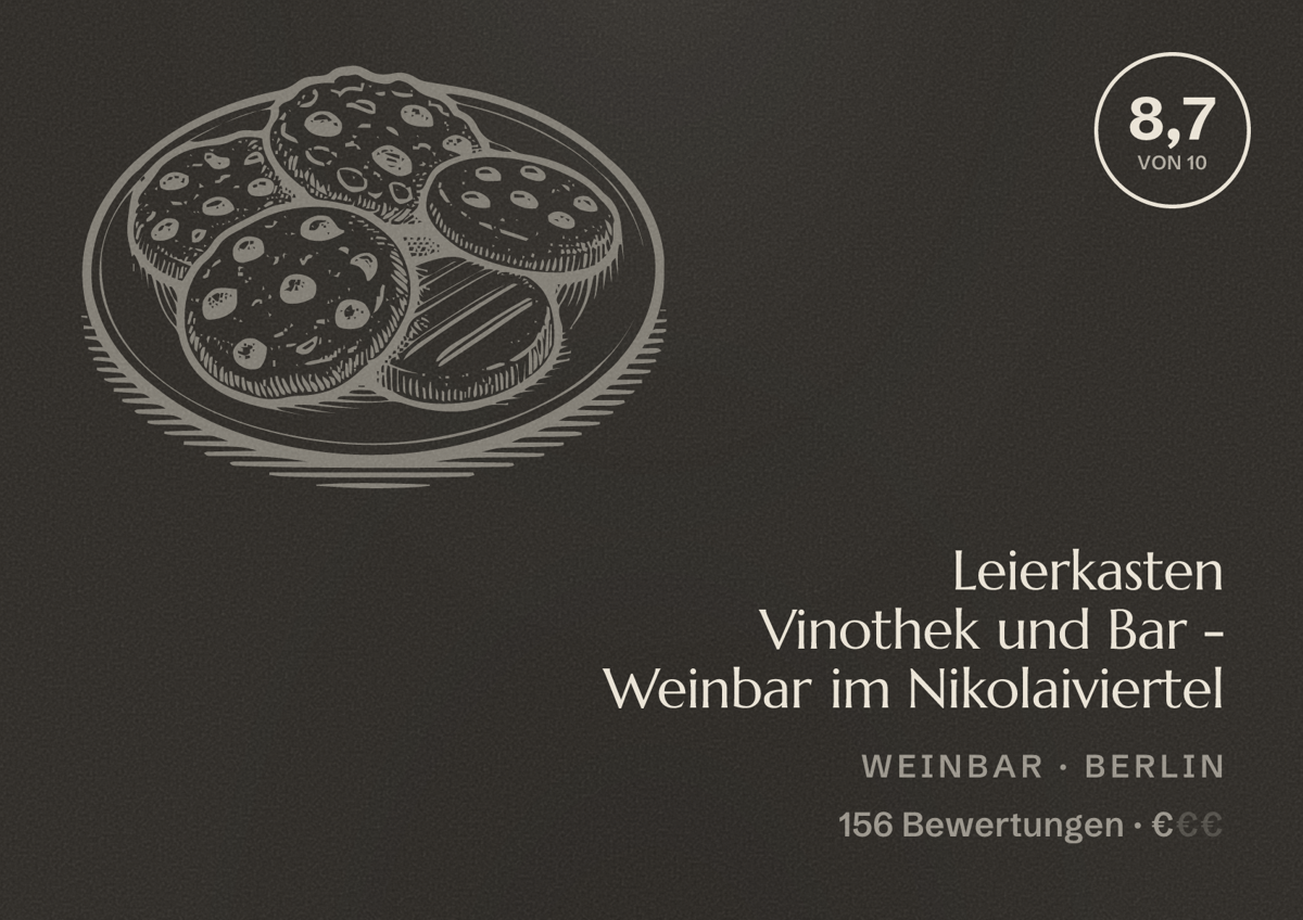 Illustriertes Poster von Leierkasten Vinothek und Bar - Weinbar im Nikolaiviertel, Weinbar in Berlin: Bewertung 8,7 von 10 aus 156 Bewertungen, Preisniveau €