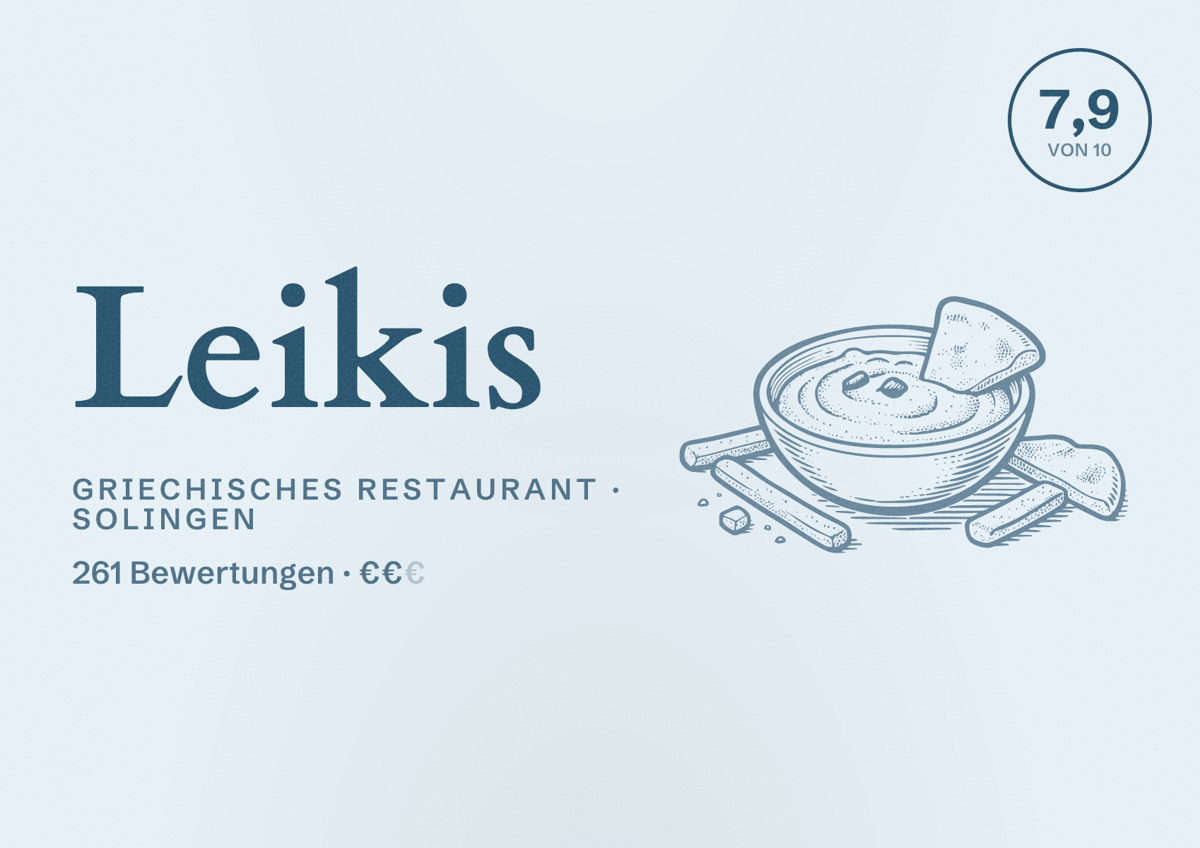 Illustriertes Poster von Leikis, Griechisches Restaurant in Solingen: Bewertung 7,9 von 10 aus 261 Bewertungen, Preisniveau €€