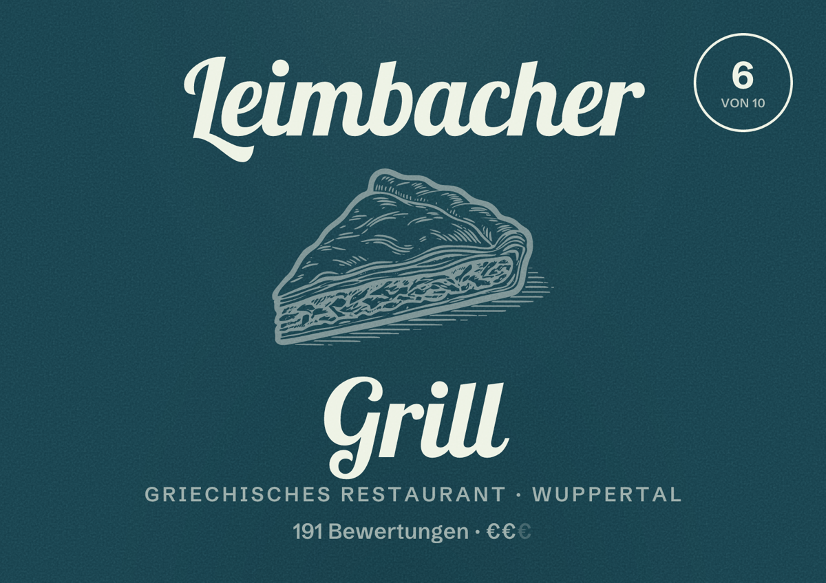 Illustriertes Poster von Leimbacher Grill, Griechisches Restaurant in Wuppertal: Bewertung 6 von 10 aus 191 Bewertungen, Preisniveau €€