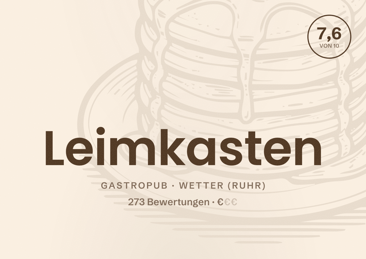 Illustriertes Poster von Leimkasten, Gastropub in Wetter (Ruhr): Bewertung 7,6 von 10 aus 273 Bewertungen, Preisniveau €