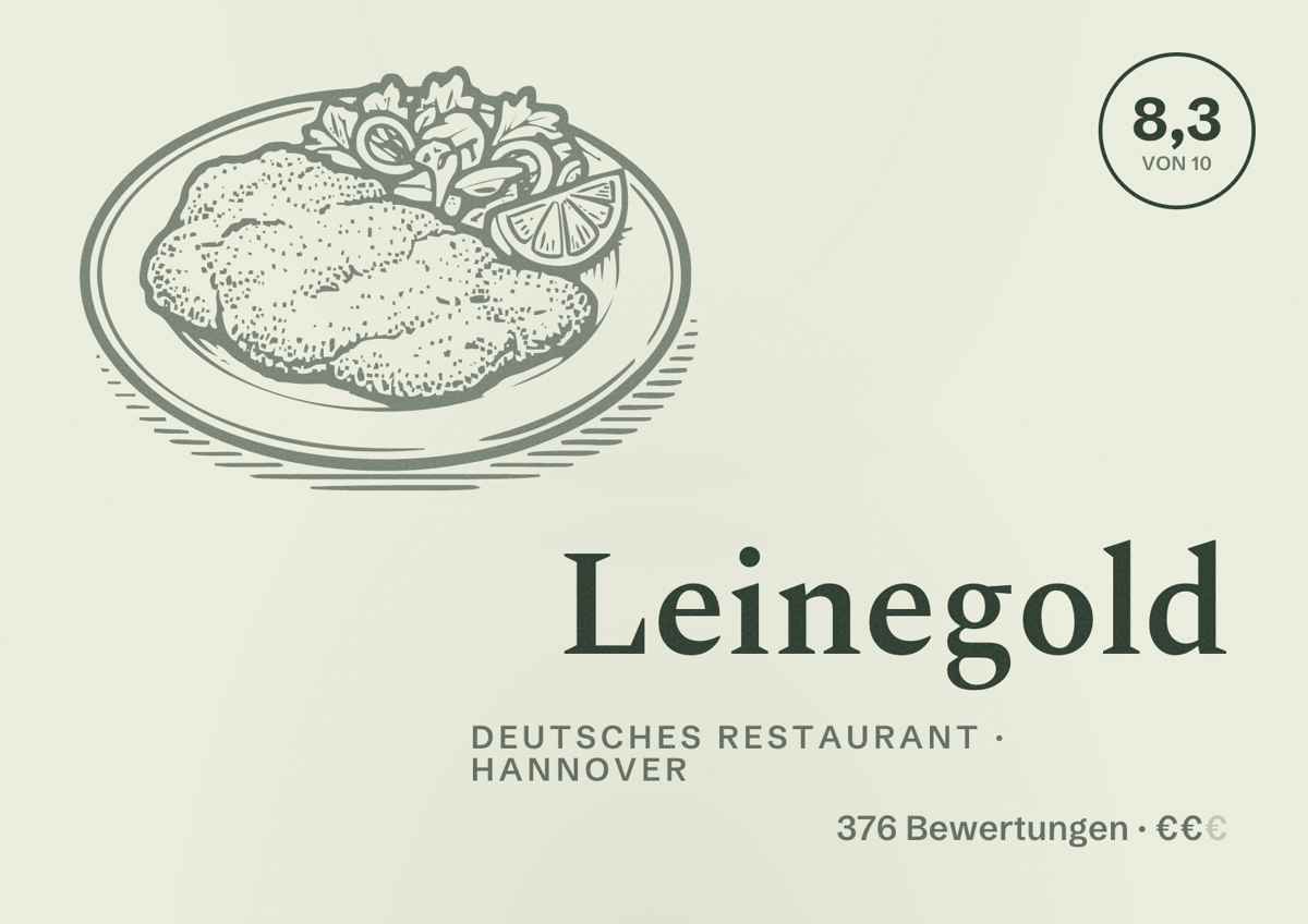 Illustriertes Poster von Leinegold, Deutsches Restaurant in Hannover: Bewertung 8,3 von 10 aus 376 Bewertungen, Preisniveau €€