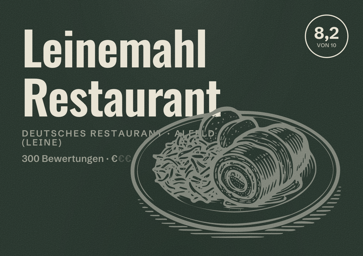 Illustriertes Poster von Leinemahl Restaurant, Deutsches Restaurant in Alfeld (Leine): Bewertung 8,2 von 10 aus 300 Bewertungen, Preisniveau €