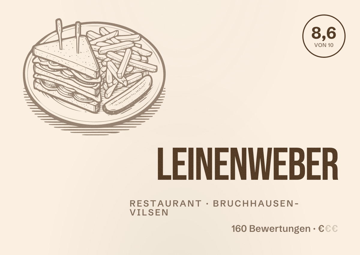 Illustriertes Poster von Leinenweber, Restaurant in Bruchhausen-Vilsen: Bewertung 8,6 von 10 aus 160 Bewertungen, Preisniveau €
