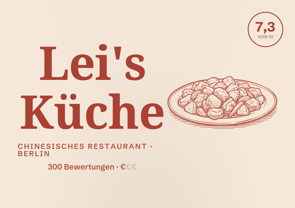 Illustriertes Poster von Lei's Küche, Chinesisches Restaurant in Berlin: Bewertung 7,3 von 10 aus 300 Bewertungen, Preisniveau €