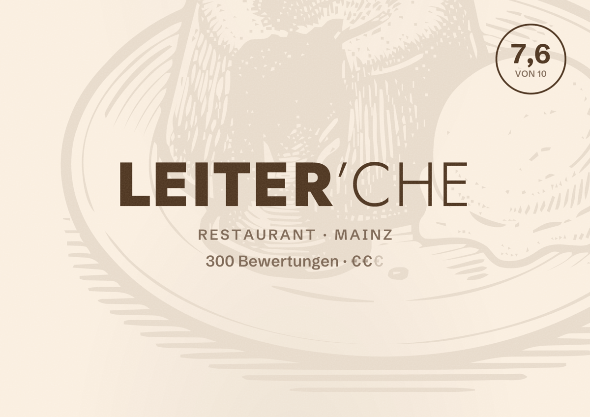 Illustriertes Poster von Leiter’che, Restaurant in Mainz: Bewertung 7,6 von 10 aus 300 Bewertungen, Preisniveau €€
