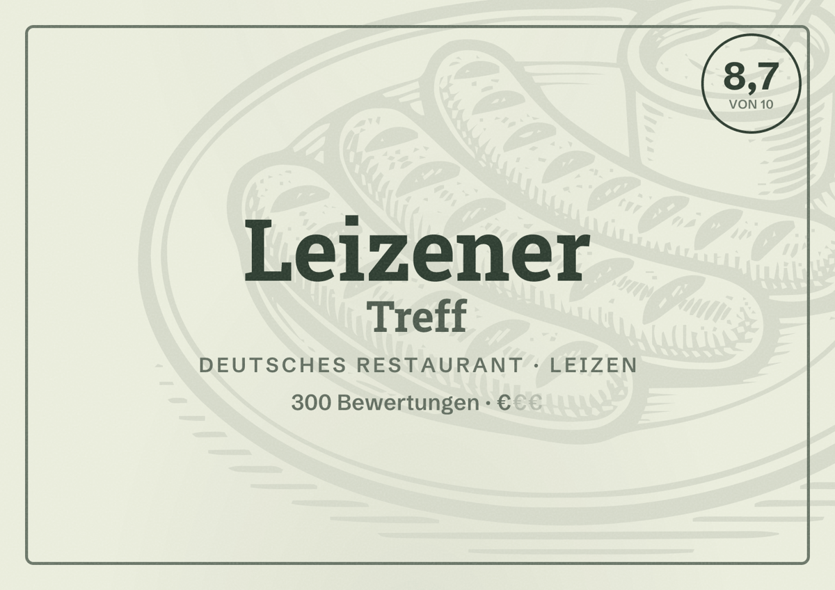Illustriertes Poster von Leizener Treff, Deutsches Restaurant in Leizen: Bewertung 8,7 von 10 aus 300 Bewertungen, Preisniveau €