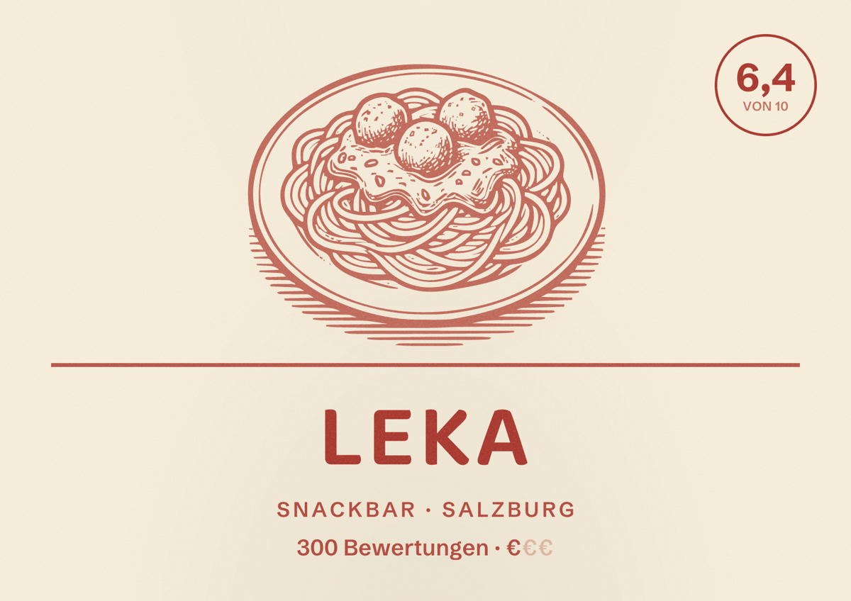 Illustriertes Poster von LEKA, Snackbar in Salzburg: Bewertung 6,4 von 10 aus 300 Bewertungen, Preisniveau €