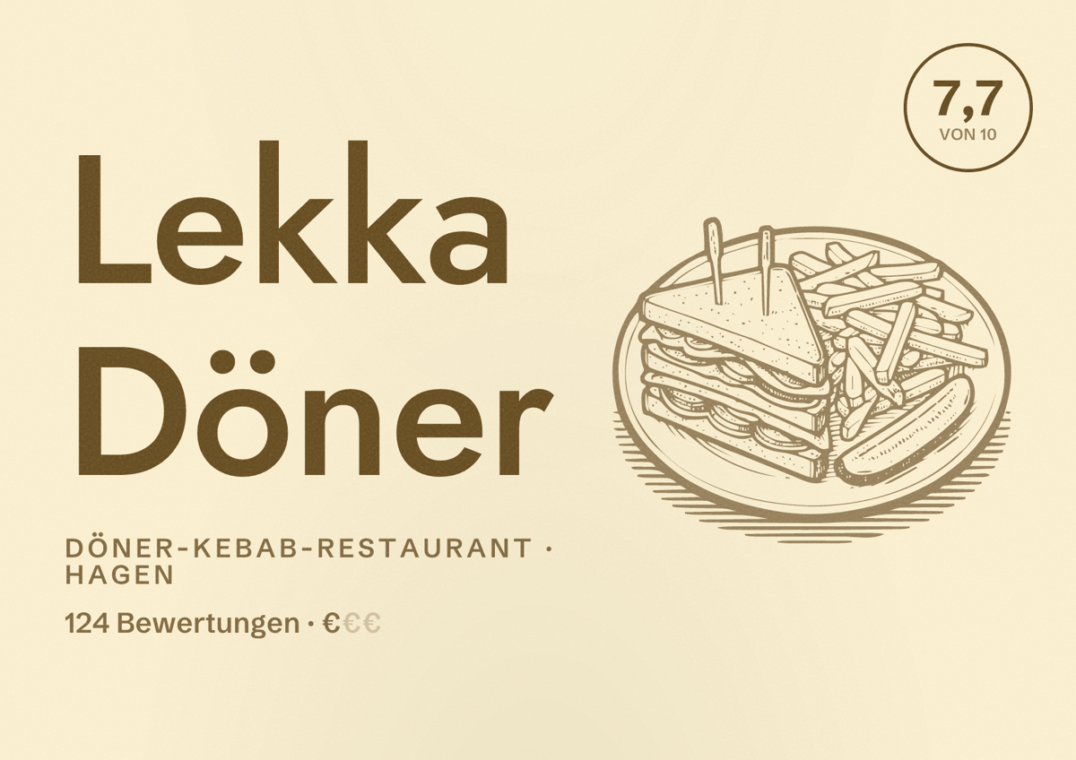 Illustriertes Poster von Lekka Döner, Döner-Kebab-Restaurant in Hagen: Bewertung 7,7 von 10 aus 124 Bewertungen, Preisniveau €