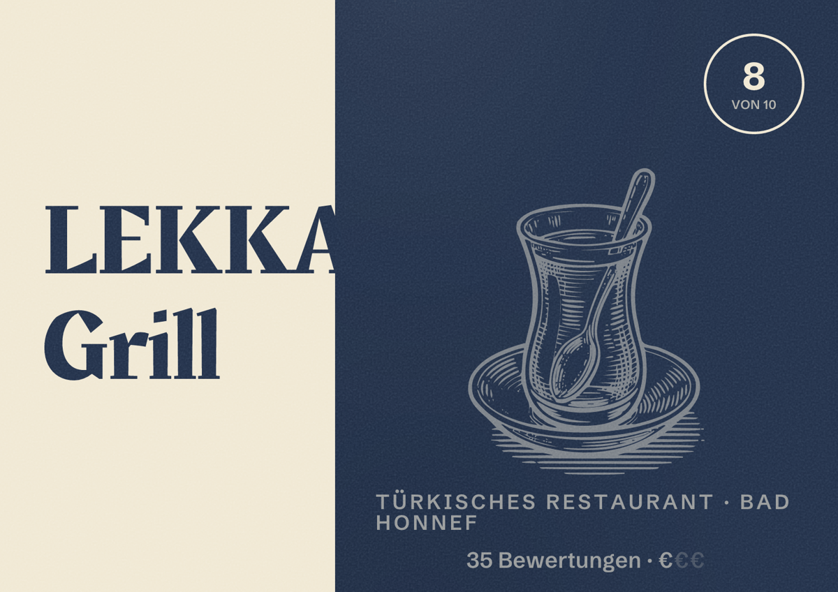 Illustriertes Poster von LEKKA Grill, Türkisches Restaurant in Bad Honnef: Bewertung 8 von 10 aus 35 Bewertungen, Preisniveau €
