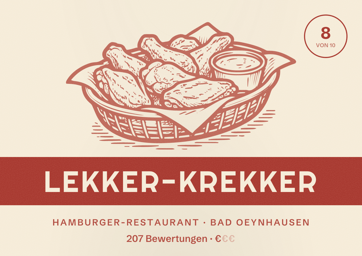 Illustriertes Poster von Lekker-Krekker, Hamburger-Restaurant in Bad Oeynhausen: Bewertung 8 von 10 aus 207 Bewertungen, Preisniveau €