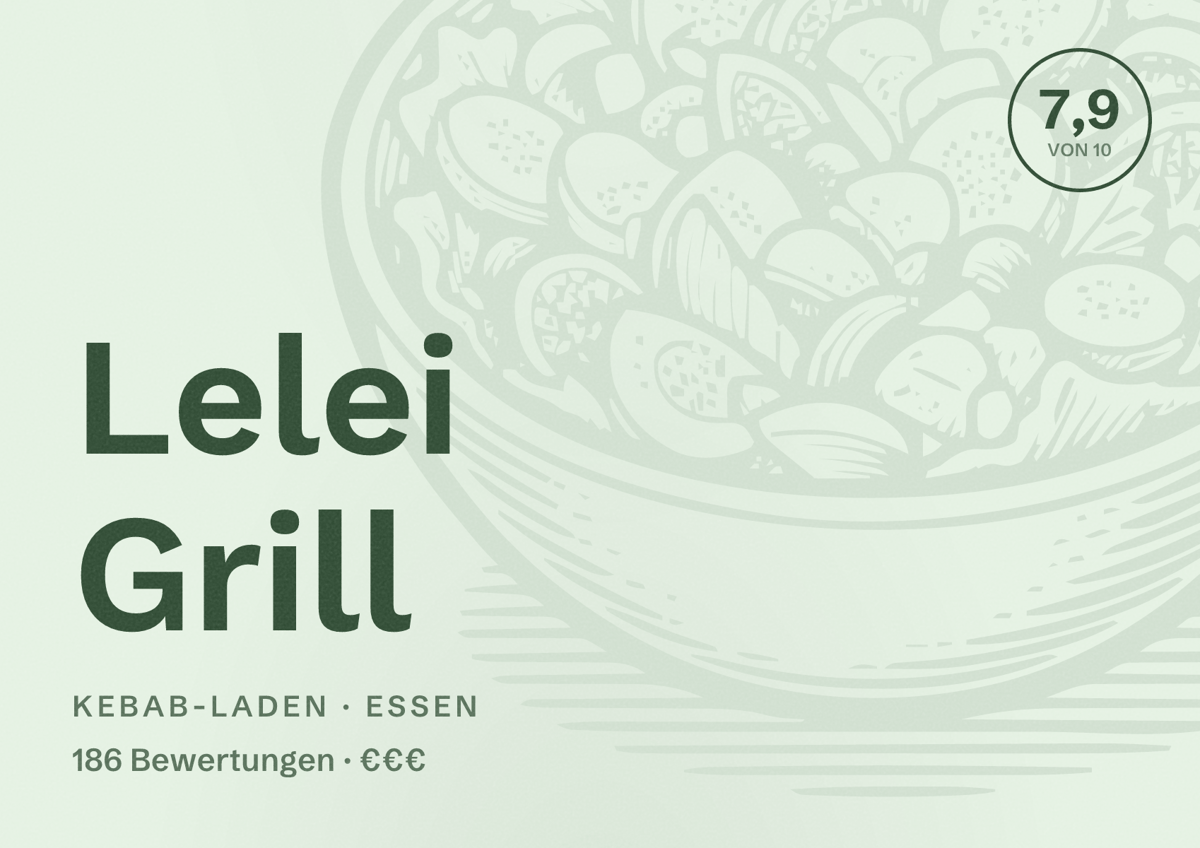 Illustriertes Poster von Lelei Grill, Kebab-Laden in Essen: Bewertung 7,9 von 10 aus 186 Bewertungen, Preisniveau €€€