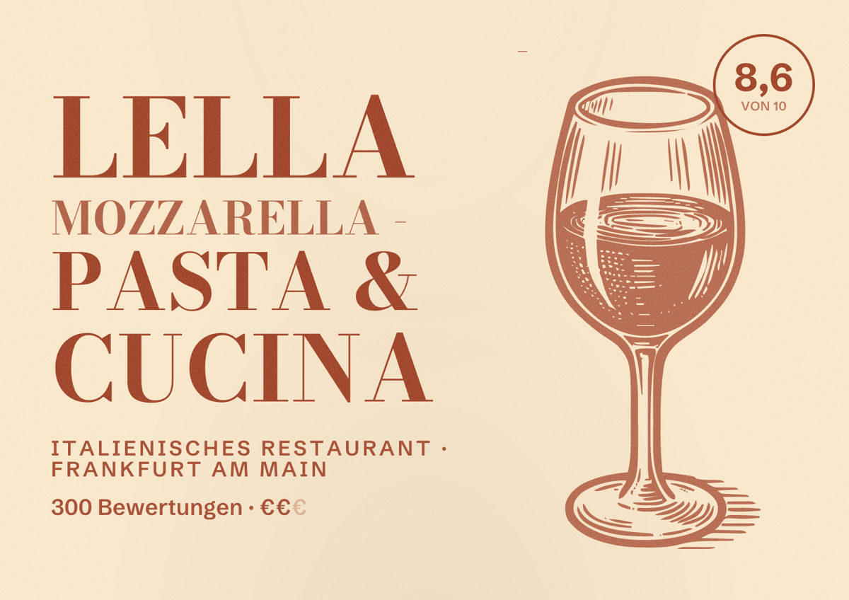 Illustriertes Poster von Lella Mozzarella - Pasta & Cucina, Italienisches Restaurant in Frankfurt am Main: Bewertung 8,6 von 10 aus 300 Bewertungen, Preisniveau €€