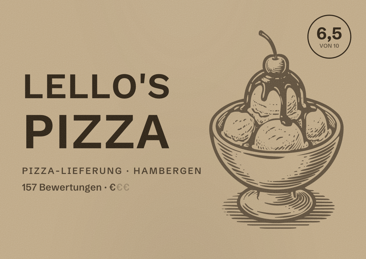 Illustriertes Poster von Lello's Pizza, Pizza-Lieferung in Hambergen: Bewertung 6,5 von 10 aus 157 Bewertungen, Preisniveau €