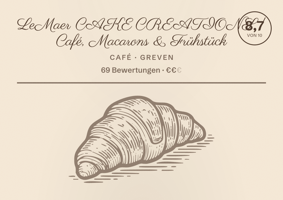 Illustriertes Poster von LeMaer CAKE CREATIONS | Café, Macarons & Frühstück, Café in Greven: Bewertung 8,7 von 10 aus 69 Bewertungen, Preisniveau €€