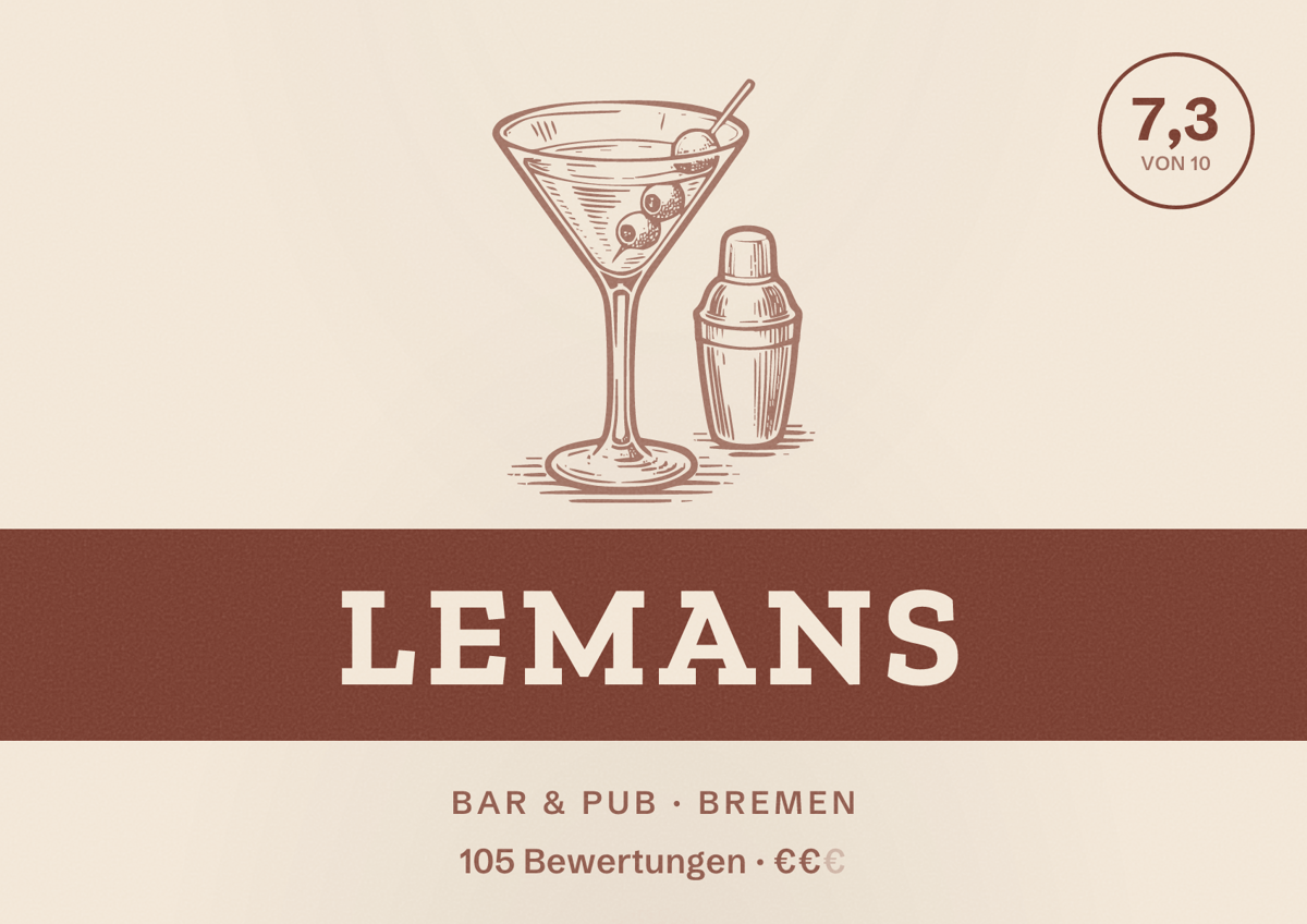 Illustriertes Poster von Lemans, Bar & Pub in Bremen: Bewertung 7,3 von 10 aus 105 Bewertungen, Preisniveau €€