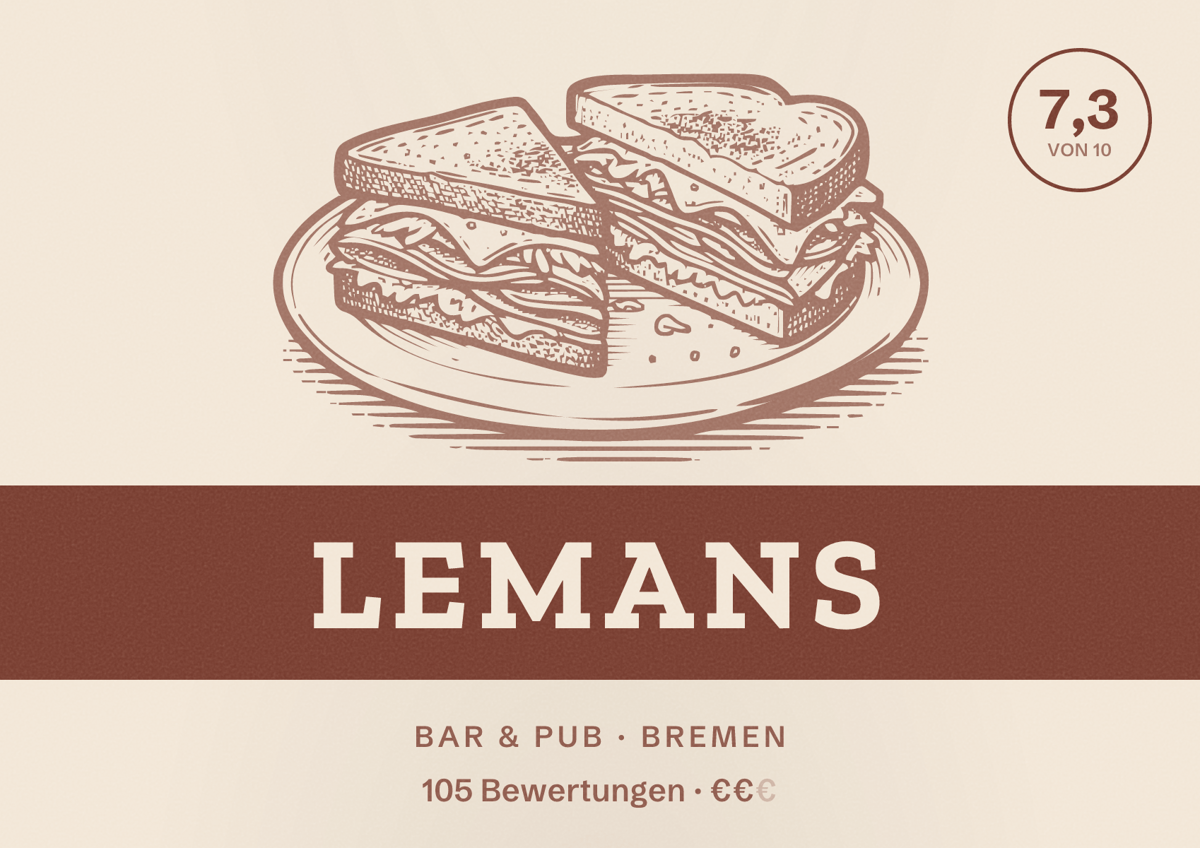 Illustriertes Poster von Lemans, Bar & Pub in Bremen: Bewertung 7,3 von 10 aus 105 Bewertungen, Preisniveau €€