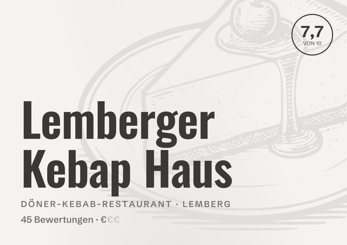Illustriertes Poster von Lemberger Kebap Haus, Döner-Kebab-Restaurant in Lemberg: Bewertung 7,7 von 10 aus 45 Bewertungen, Preisniveau €
