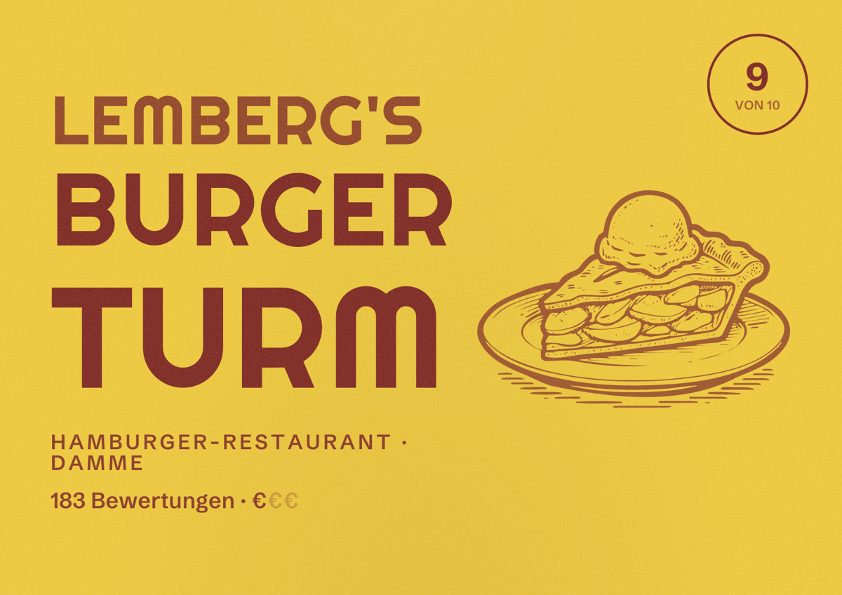 Illustriertes Poster von Lemberg's Burger Turm, Hamburger-Restaurant in Damme: Bewertung 9 von 10 aus 183 Bewertungen, Preisniveau €