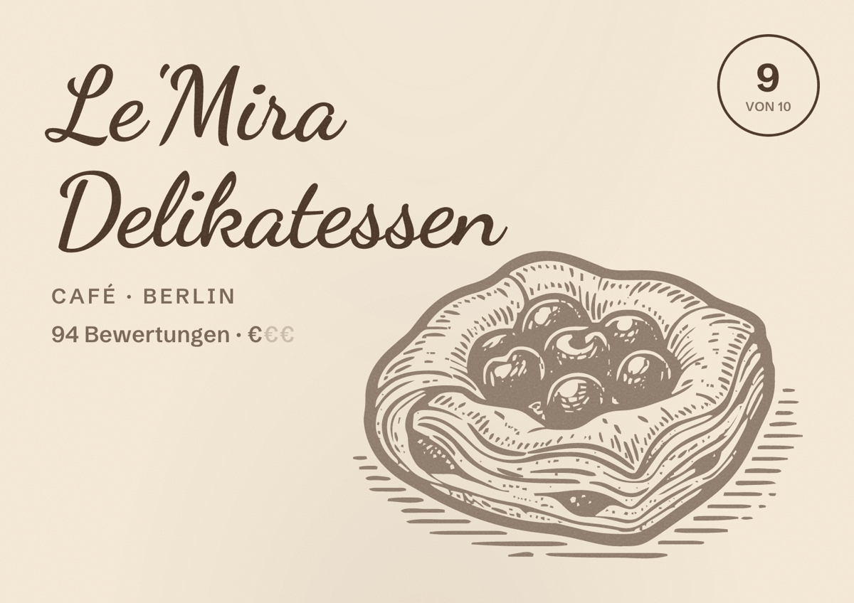 Illustriertes Poster von Le'Mira Delikatessen, Café in Berlin: Bewertung 9,0 von 10 aus 94 Bewertungen, Preisniveau €
