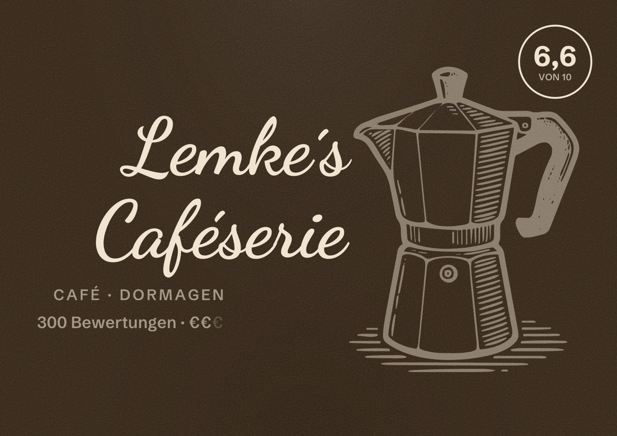 Illustriertes Poster von Lemke´s Caféserie, Café in Dormagen: Bewertung 6,6 von 10 aus 300 Bewertungen, Preisniveau €€