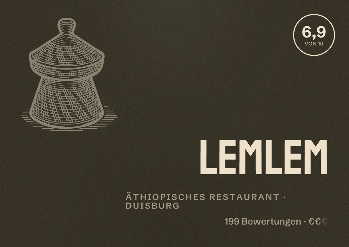 Illustriertes Poster von Lemlem, Äthiopisches Restaurant in Duisburg: Bewertung 6,9 von 10 aus 199 Bewertungen, Preisniveau €€