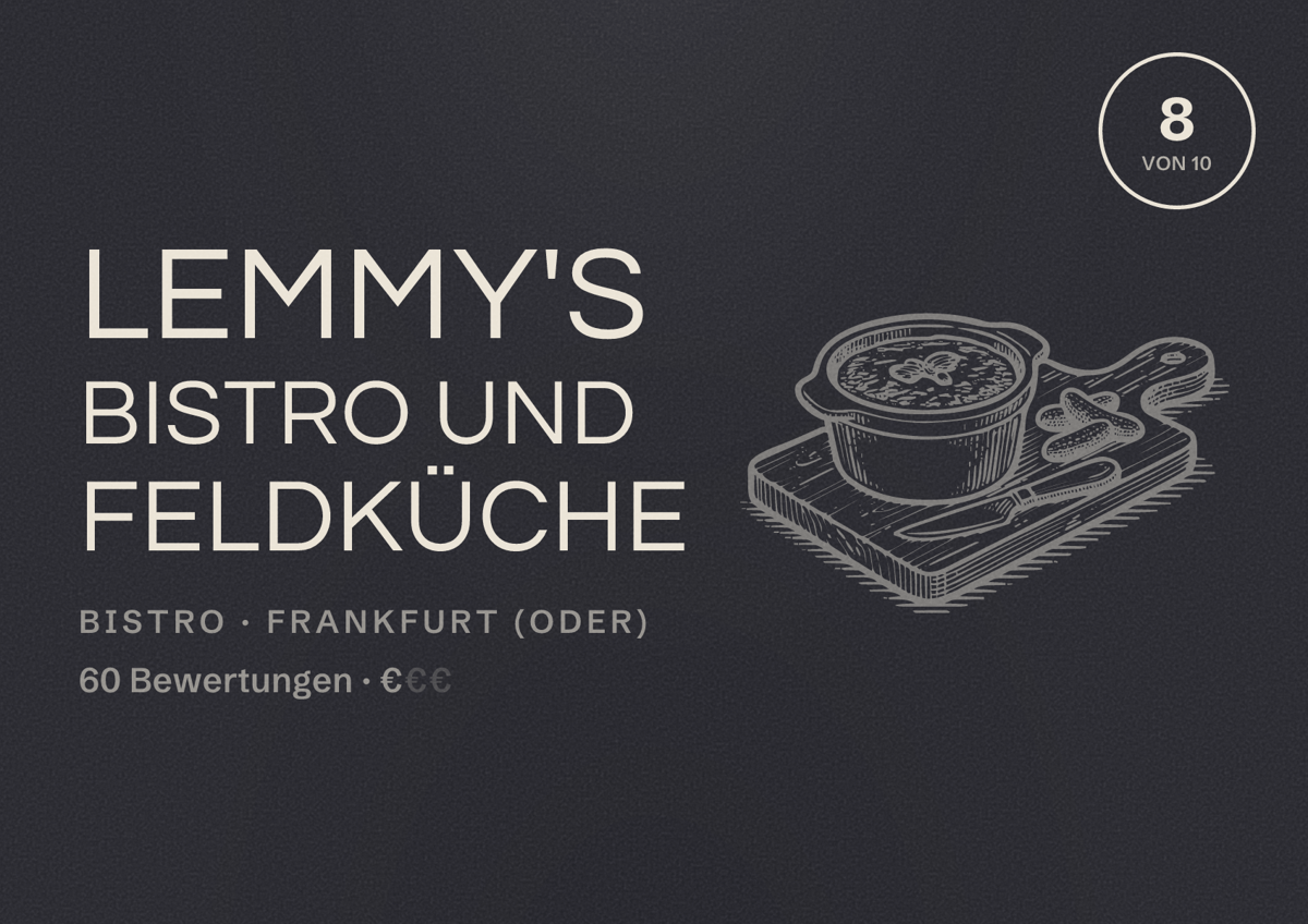 Illustriertes Poster von Lemmy's Bistro und Feldküche, Bistro in Frankfurt (Oder): Bewertung 8 von 10 aus 60 Bewertungen, Preisniveau €