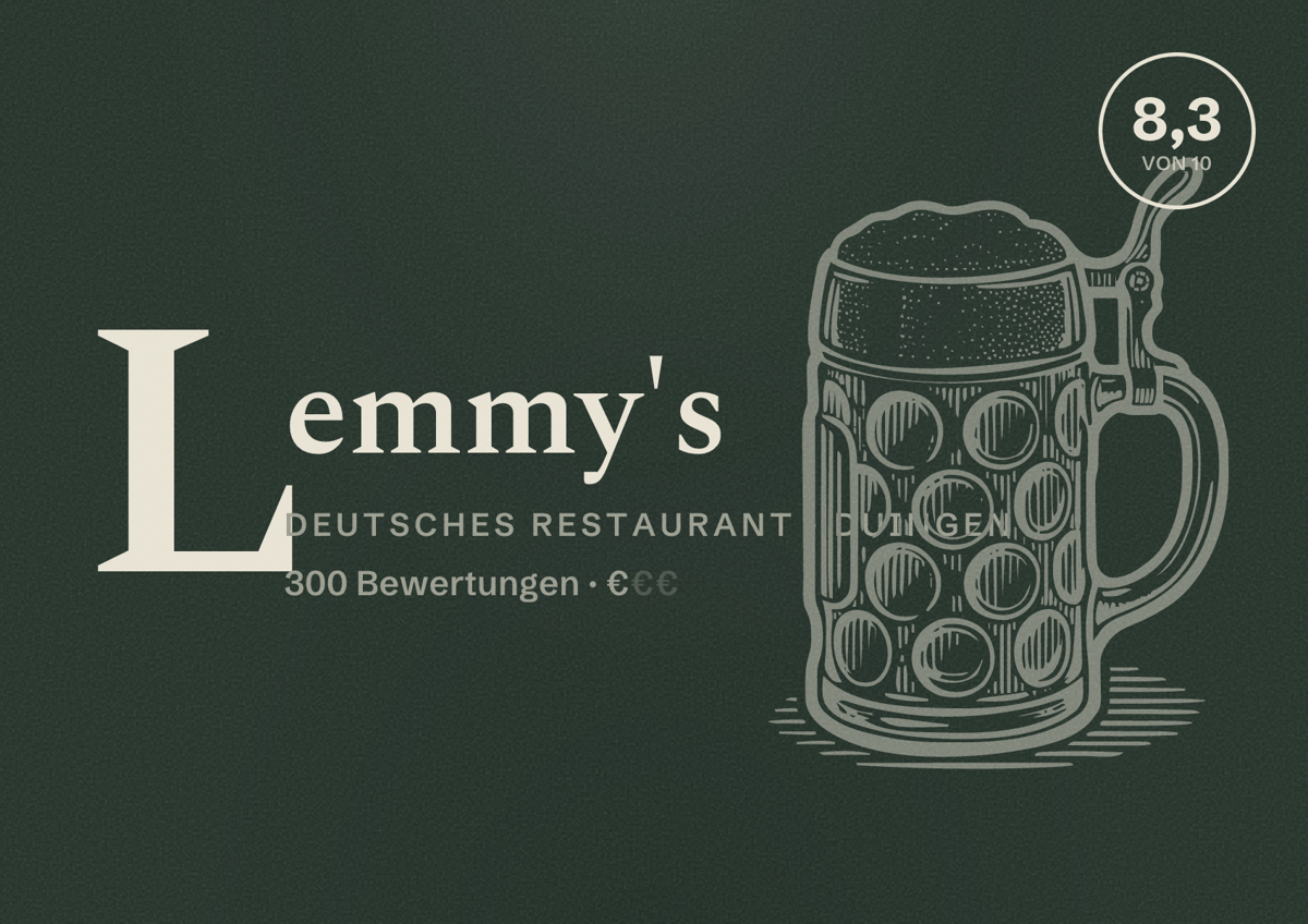 Illustriertes Poster von Lemmy's, Deutsches Restaurant in Duingen: Bewertung 8,3 von 10 aus 300 Bewertungen, Preisniveau €