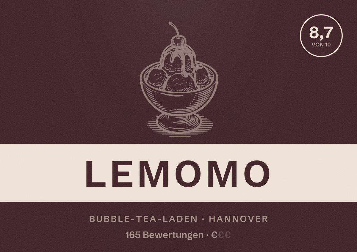 Illustriertes Poster von Lemomo, Bubble-Tea-Laden in Hannover: Bewertung 8,7 von 10 aus 165 Bewertungen, Preisniveau €