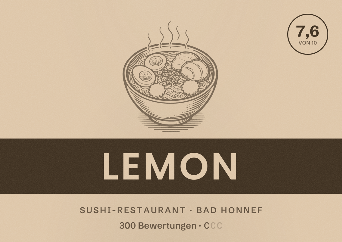 Illustriertes Poster von Lemon, Sushi-Restaurant in Bad Honnef: Bewertung 7,6 von 10 aus 300 Bewertungen, Preisniveau €