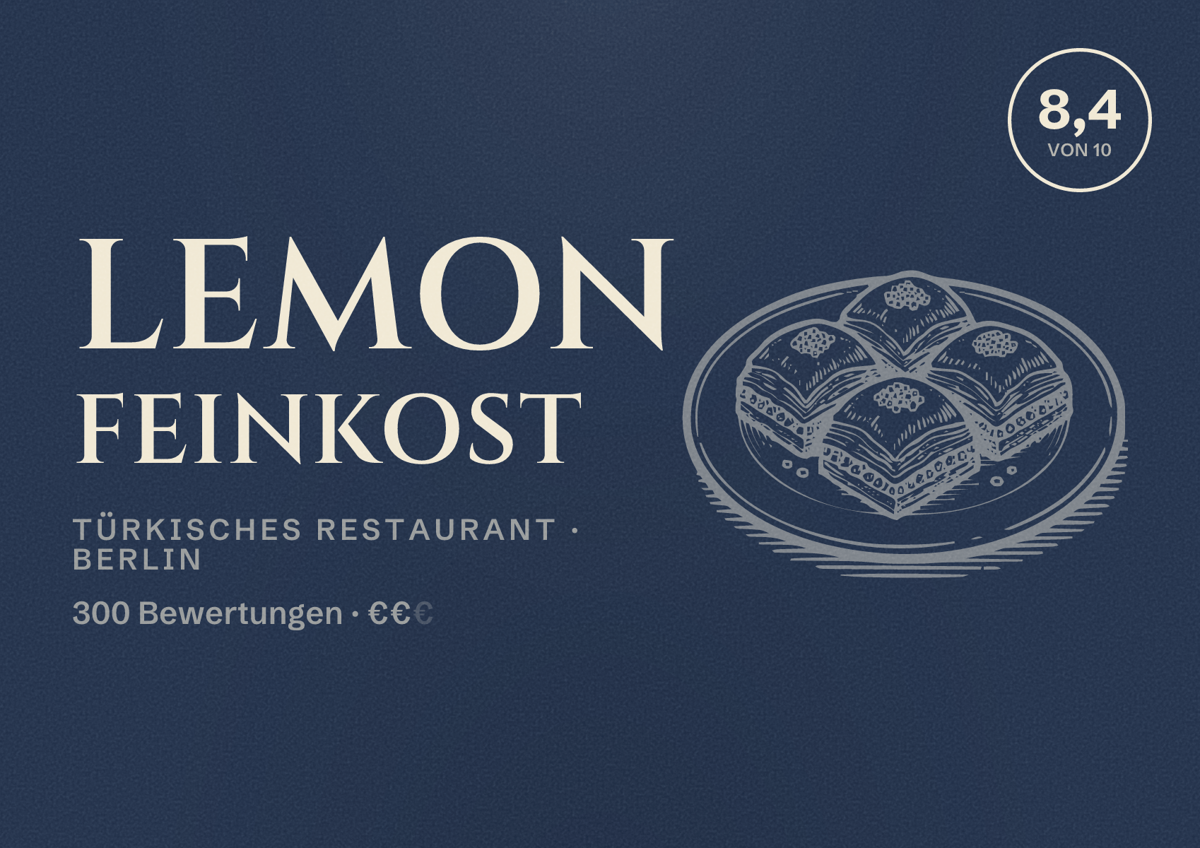 Illustriertes Poster von Lemon Feinkost, Türkisches Restaurant in Berlin: Bewertung 8,4 von 10 aus 300 Bewertungen, Preisniveau €€