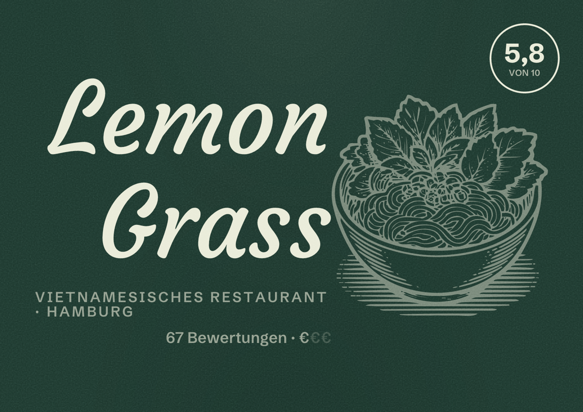 Illustriertes Poster von Lemon Grass, Vietnamesisches Restaurant in Hamburg: Bewertung 5,8 von 10 aus 67 Bewertungen, Preisniveau €