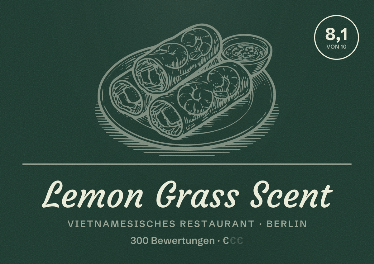 Illustriertes Poster von Lemon Grass Scent, Vietnamesisches Restaurant in Berlin: Bewertung 8,1 von 10 aus 300 Bewertungen, Preisniveau €
